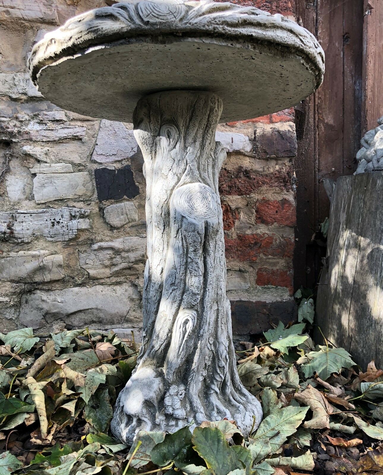 Stone Bird Bath with Tree Trunk Design