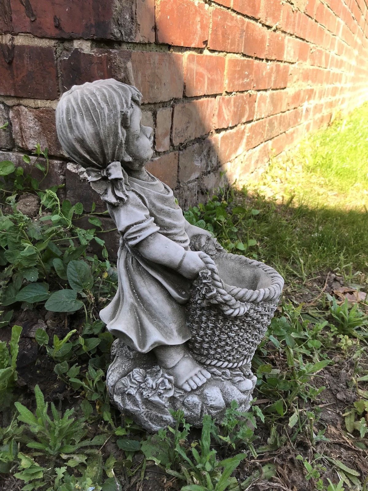 Stone Basket Girl Planter Ornament