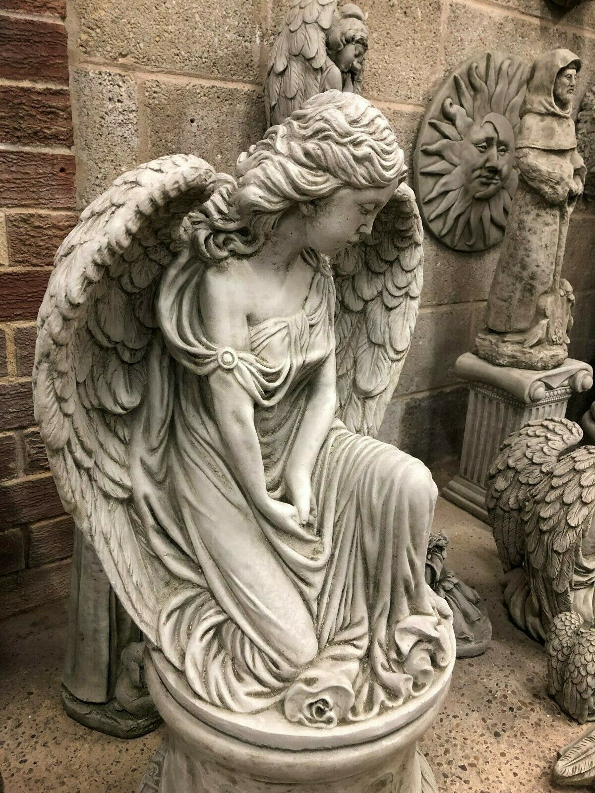 Stone Kneeling Angel Pedestal Statue