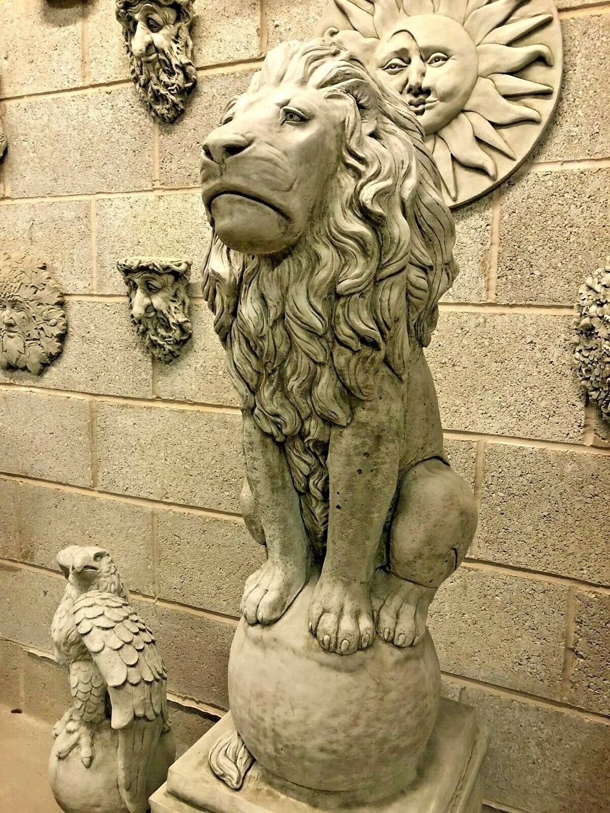 Pair of Large Stone Lion on Ball Plinth Statues