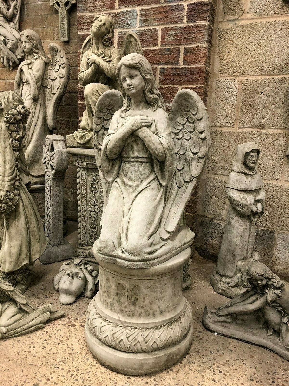 Stone Kneeling Angel Plinth Statue
