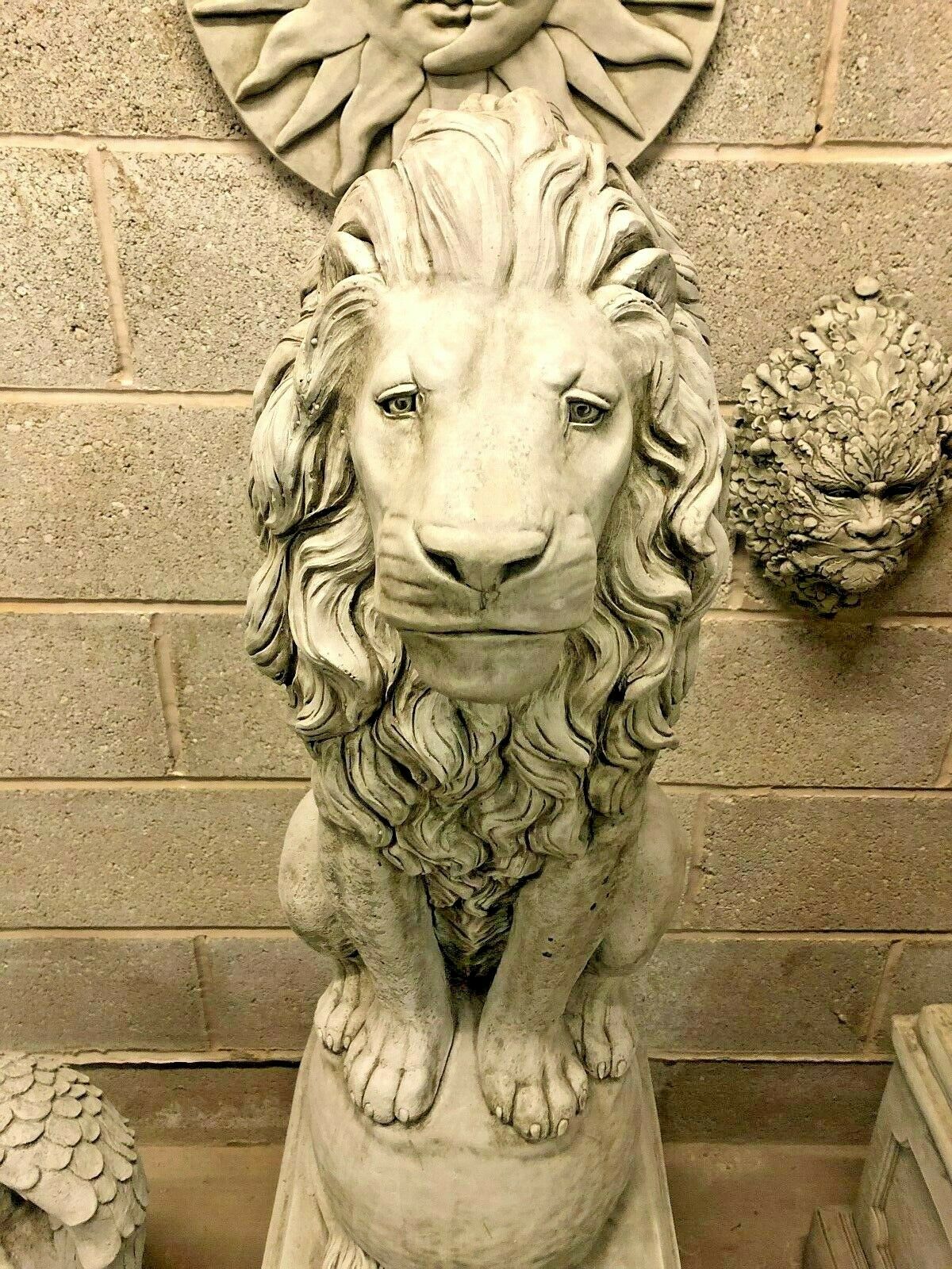 Pair of Large Stone Lion on Ball Plinth Statues