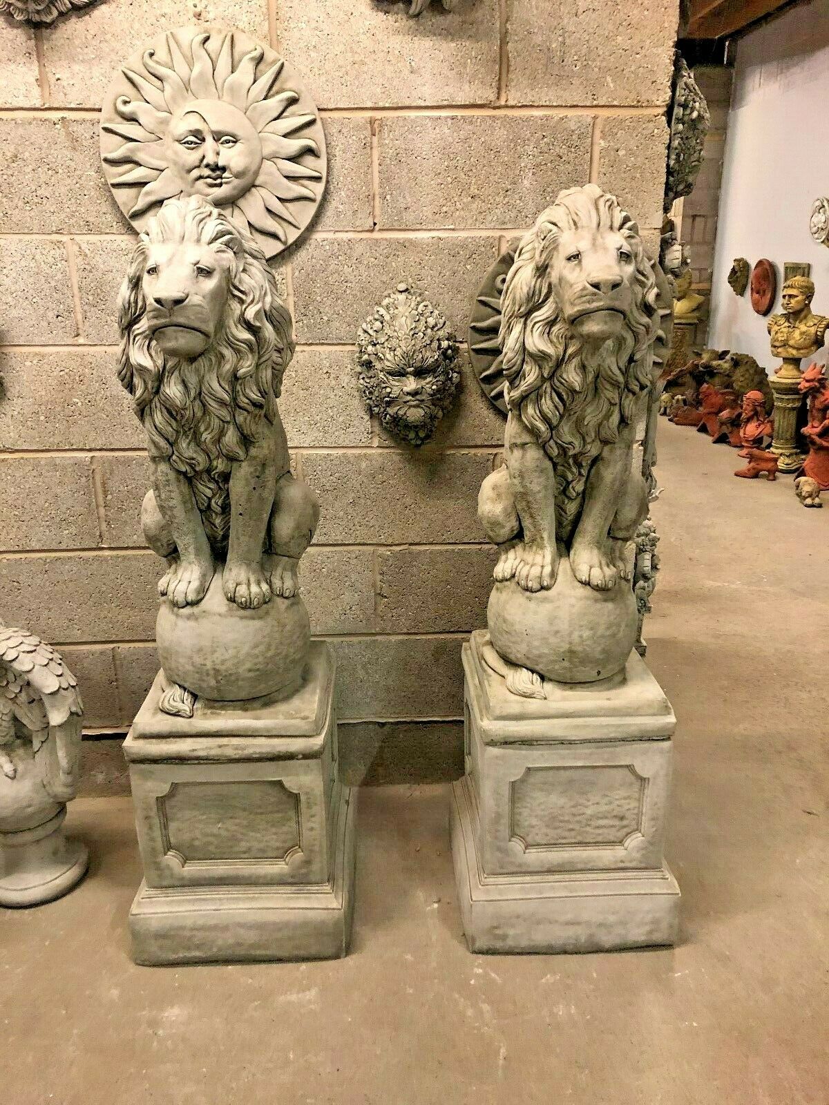 Pair of Large Stone Lion on Ball Plinth Statues