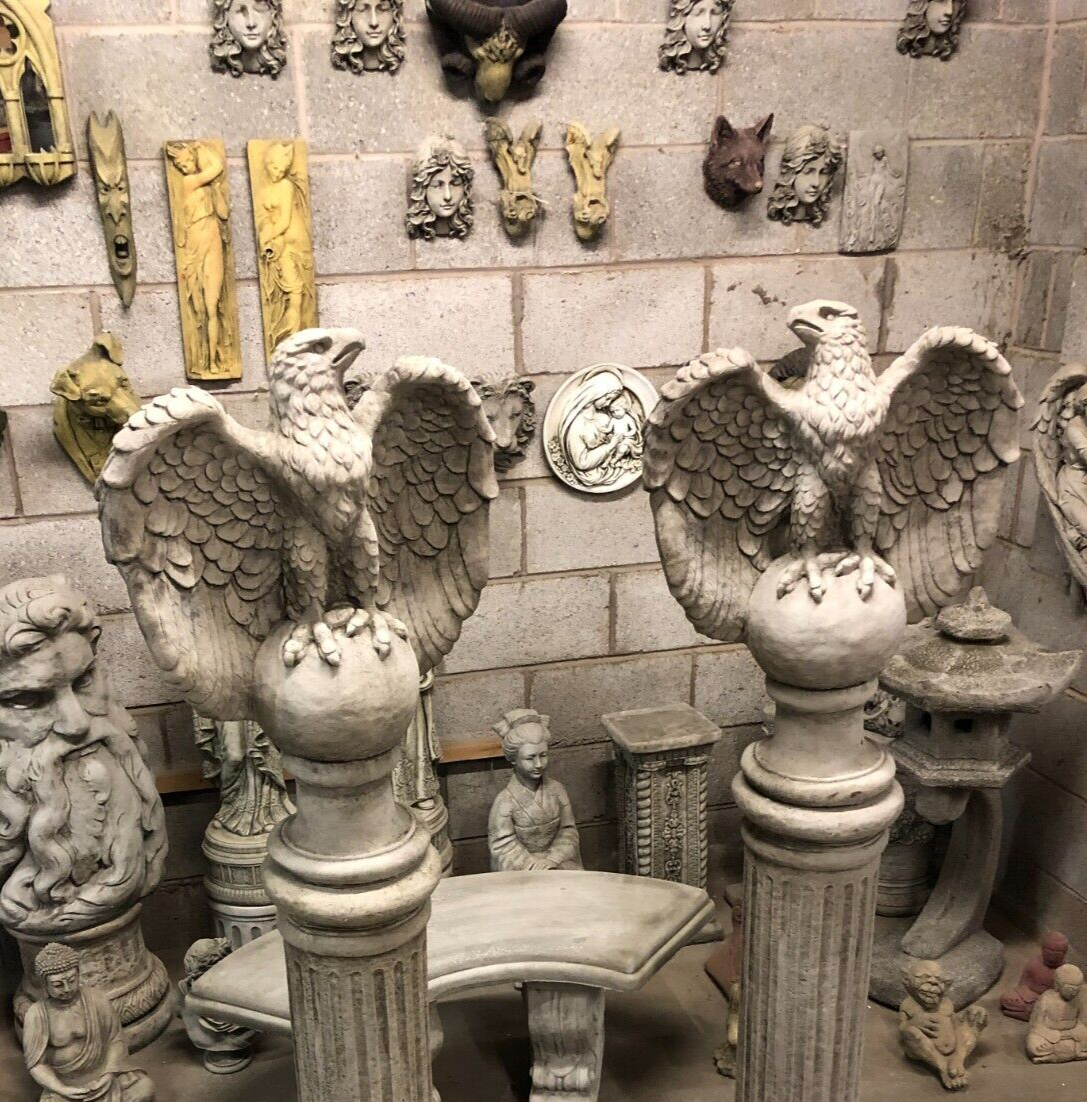 Pair of Stone Eagles Pedestal Statues
