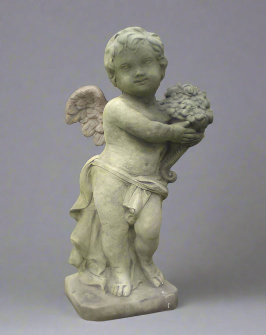 Stone Cherub Boy & Flowers Statue
