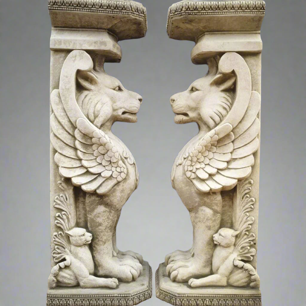 Pair of Stone Winged Lion Plinth Statues 