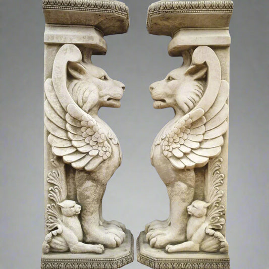 Pair of Stone Winged Lion Plinth Statues 