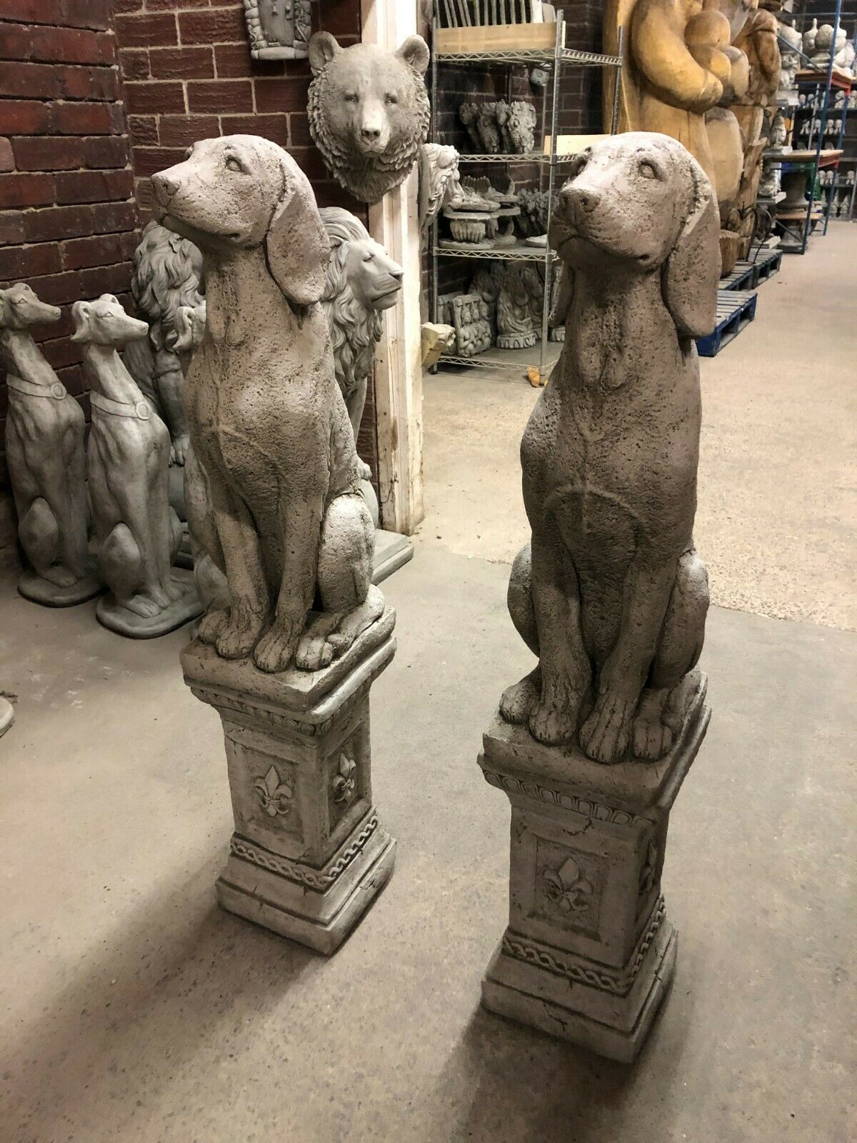 Pair of Stone Hound Dog Statues
