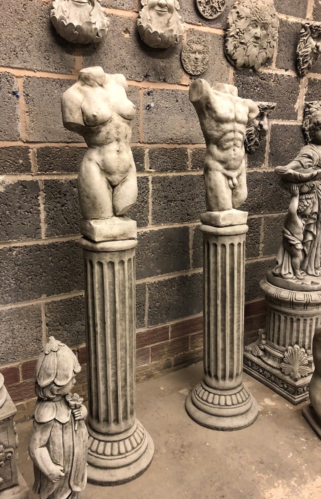 Stunning Stone Nude Man & Woman Torso Garden Plinth Statues