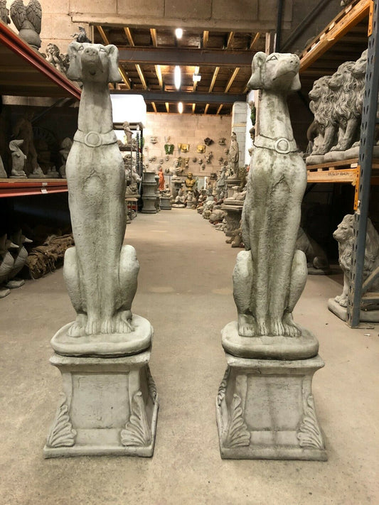 Pair of Stone Greyhound/Saluki/Whippet Plinth Statues