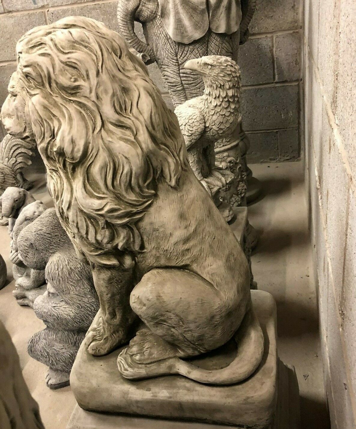 Pair of Stone Lion on Plinth Statues