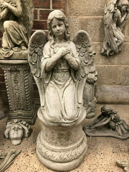 Stone Kneeling Angel Plinth Statue