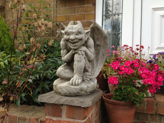 Stunning Stone Smiling Winged Gargoyle Sculpture Garden Ornament