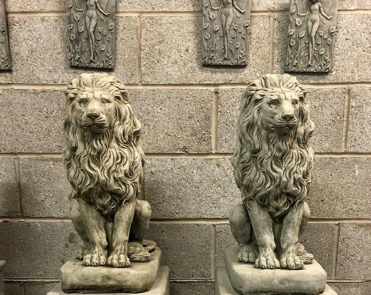 Pair of Stone Lion on Plinth Statues