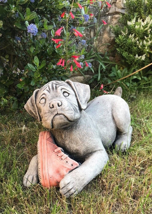 Stunning Stone Playing Boxer Puppy Dog Sculpture Garden Ornament