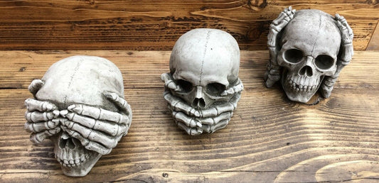 Set of 3 Stone Hear, See & Speak No Evil Skull Ornaments