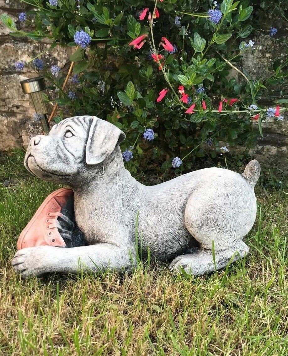 Stunning Stone Playing Boxer Puppy Dog Sculpture Garden Ornament