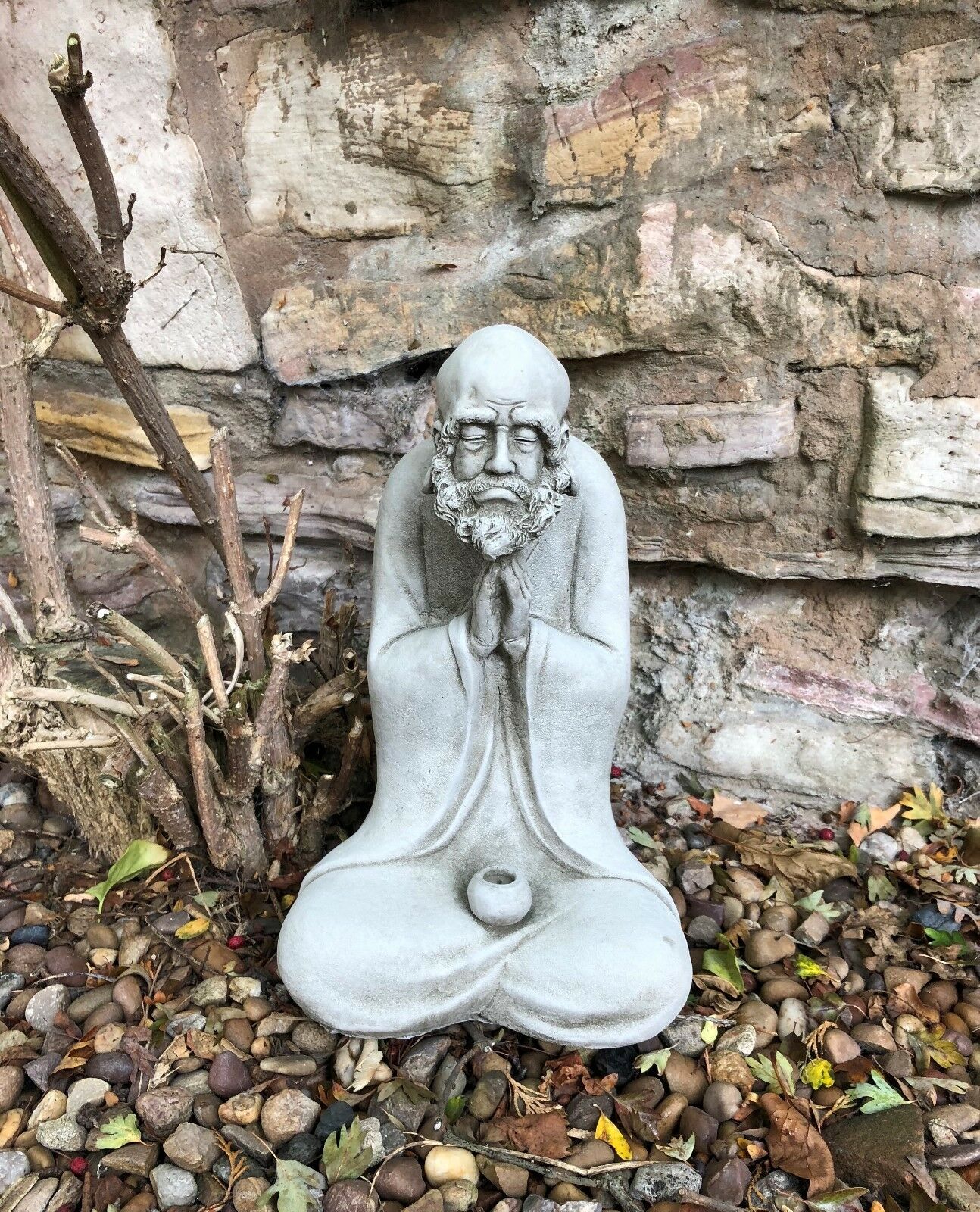 Stunning Stone Praying Old Monk Sculpture Garden Ornament
