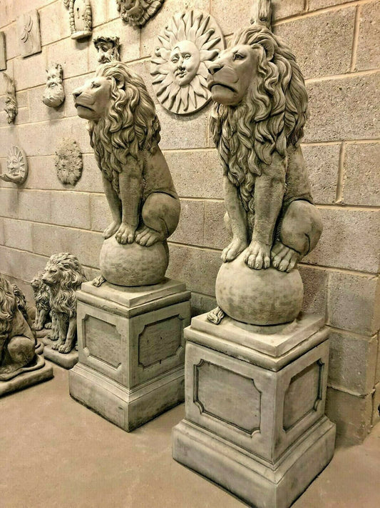 Pair of Large Stone Lion on Ball Plinth Statues