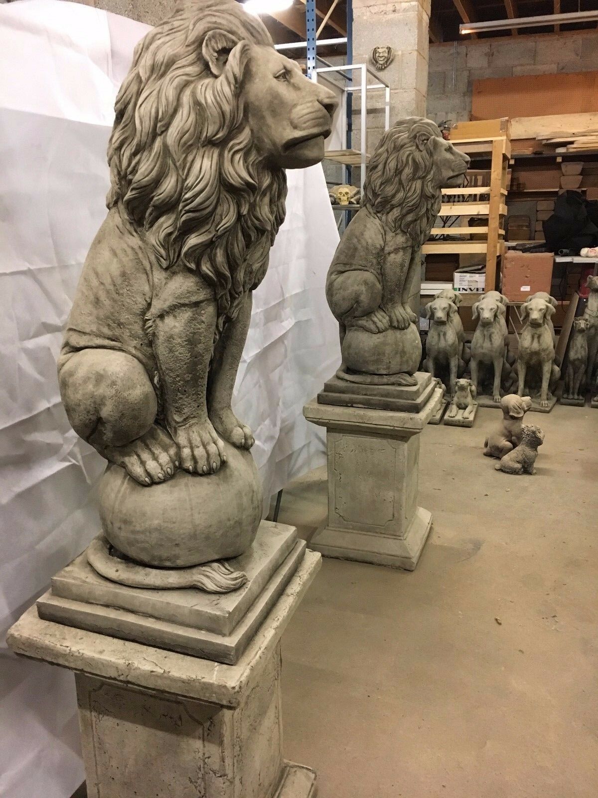 Pair of Large Stone Lion Plinth Statues
