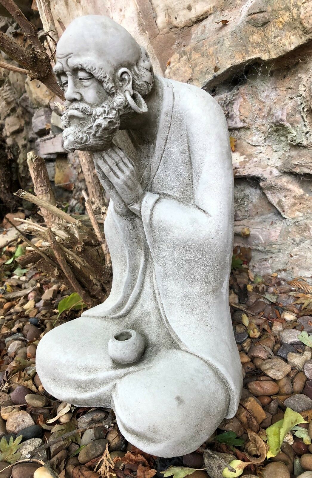 Stunning Stone Praying Old Monk Sculpture Garden Ornament