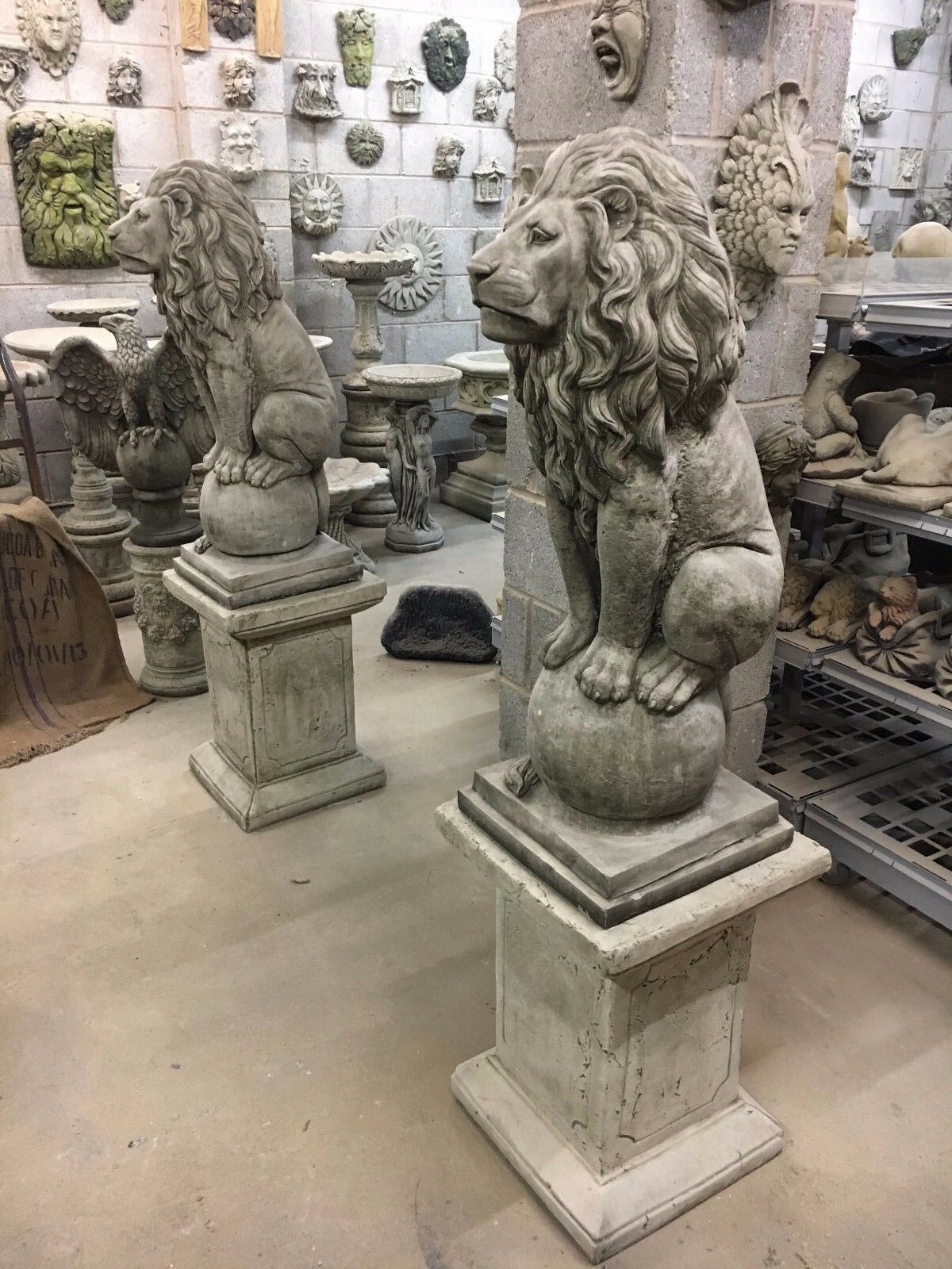 Pair of Large Stone Lion Plinth Statues