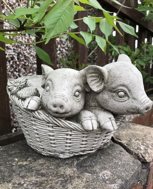 Stunning Stone Pigs In Basket Sculpture Garden Planter Ornament
