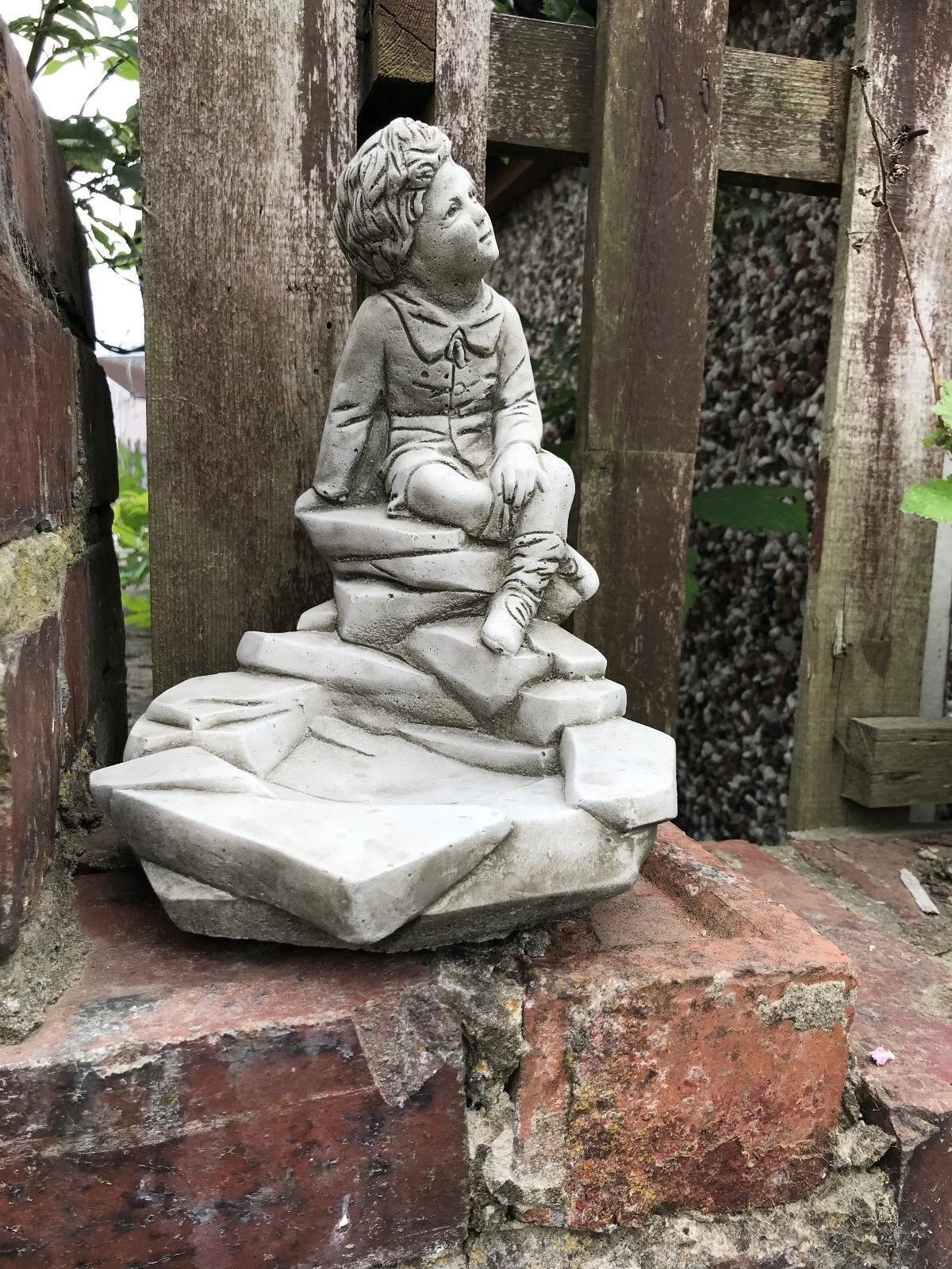 Stunning Stone Thinking Boy Sculpture Garden Bird Feeder Ornament