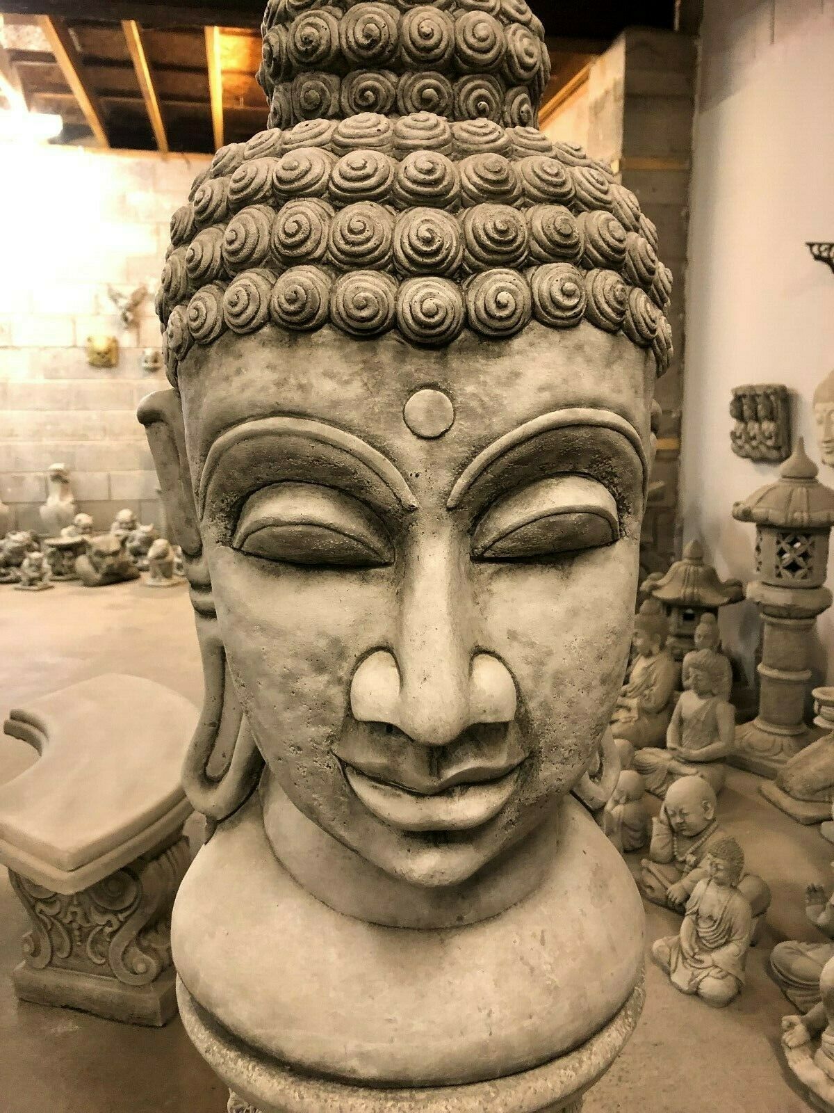 Stone Gautama Buddha Head Plinth Statue