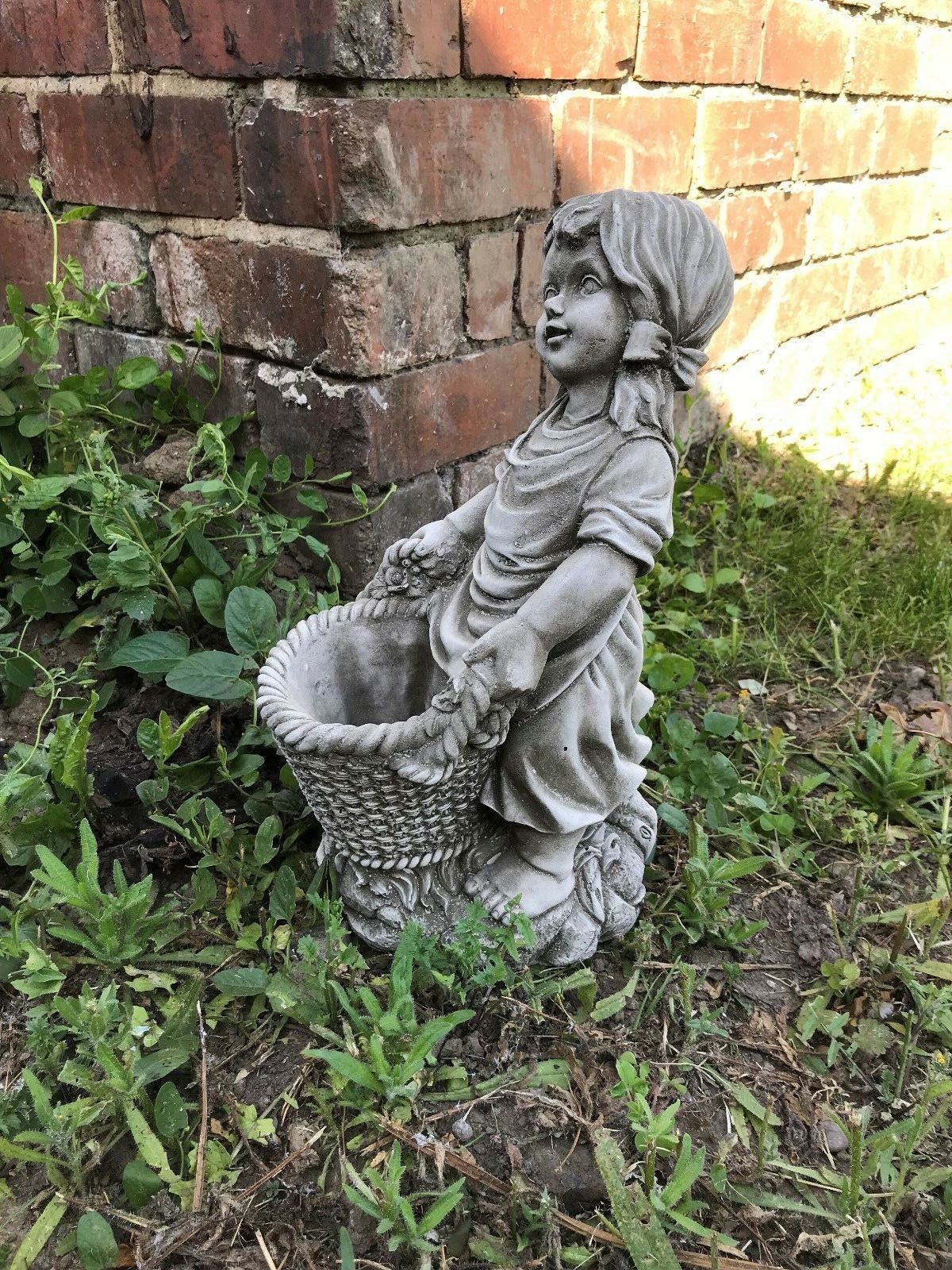 Stone Basket Girl Planter Ornament 