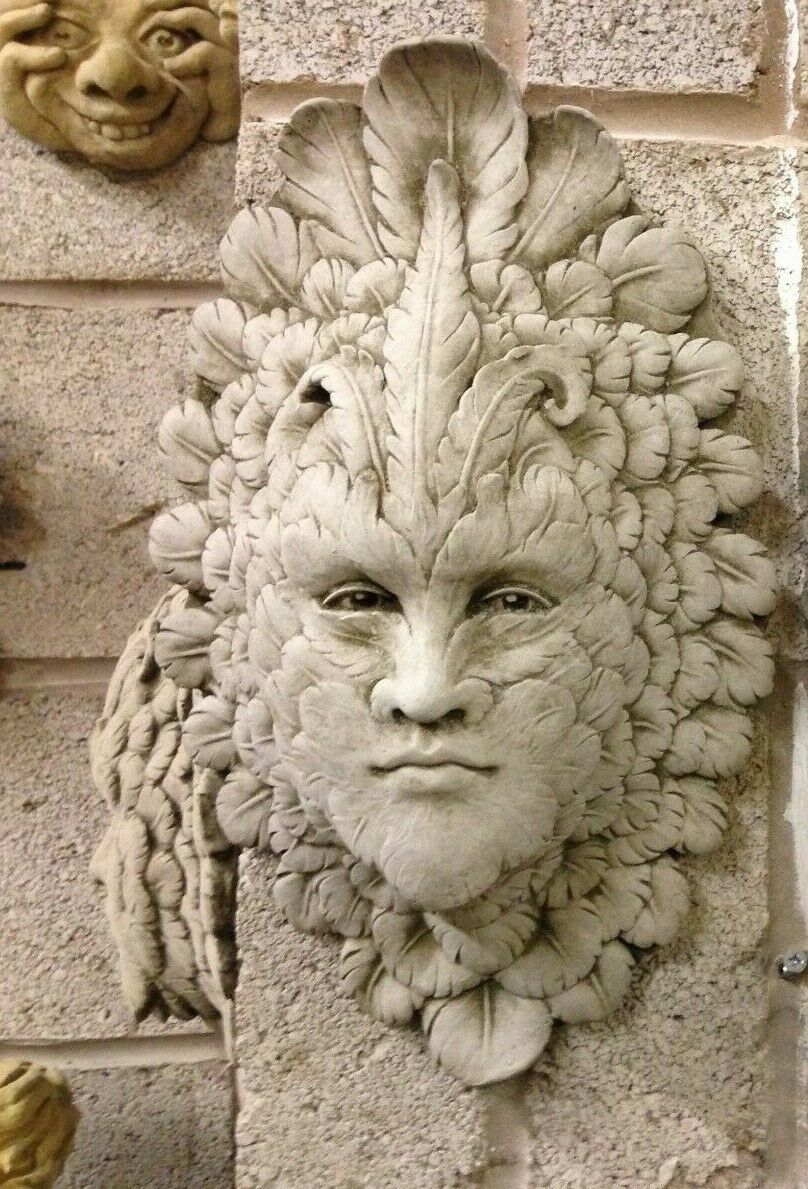 Stone Feather Face Greenman Wall Plaque 