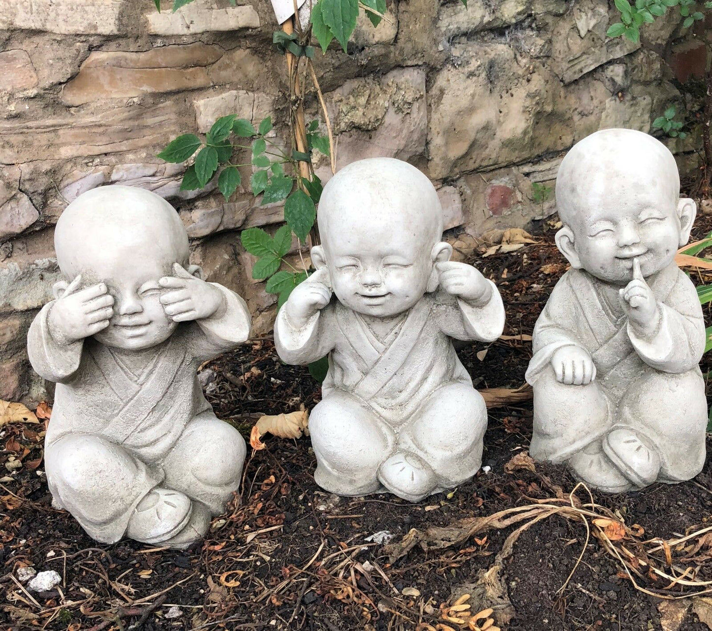 Stunning Stone Set of 'Hear, See & Speak No Evil' Baby Monk Garden Ornaments